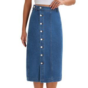 Women's Denim Midi Skirt Button Up Casual Slit Jean Skirts Blue